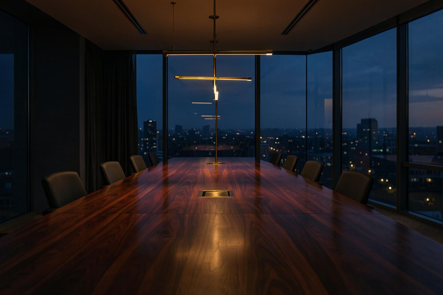 An elegant executive boardroom at dusk